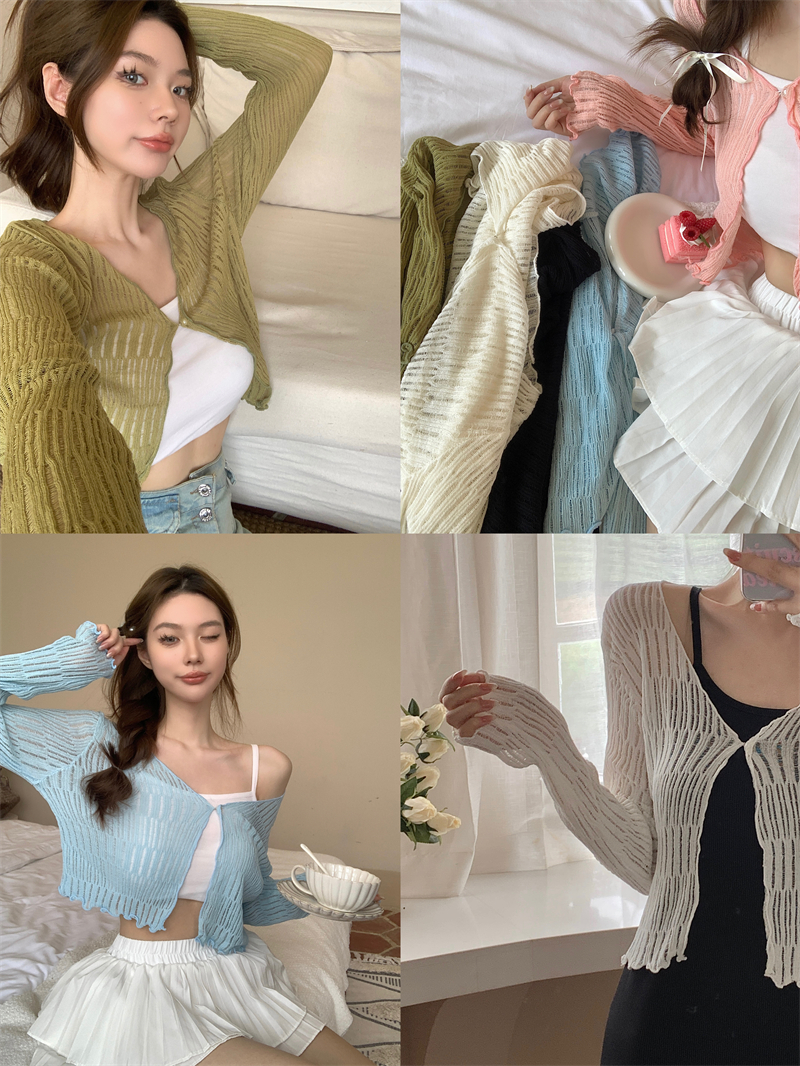 Actual shot of soft knitted long-sleeved sun protection cardigan top with hollow design on the edges of fungus