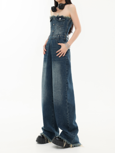 Actual shot of 2024 new hot girl tube top denim jumpsuit women's design casual high-waist slim wide-leg pants