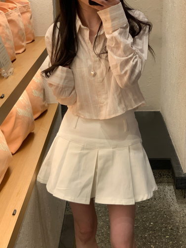 韩国ins 春日序曲 少女粉撞色 蕾丝拼接 长袖衬衫 女短款衬衣