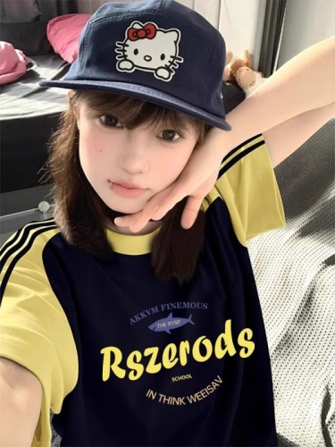 美式插肩袖撞色圆领短袖T恤女2024夏季新款设计感三条杠潮牌上衣