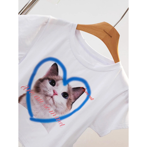181#官图  韩国东大门修身短款显瘦猫咪印花短袖T恤女装