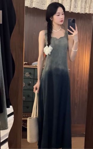 Gradient color denim camisole dress for women summer 2024 new style retro temperament rivet a-line long skirt