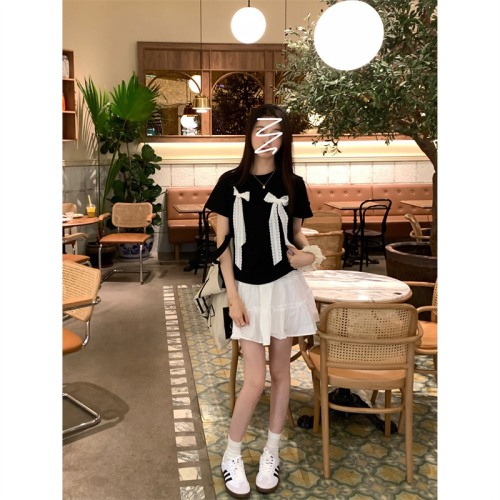 Real shot~A must-have lace bow black short-sleeved T-shirt + white cake skirt A-line for hot girls in summer