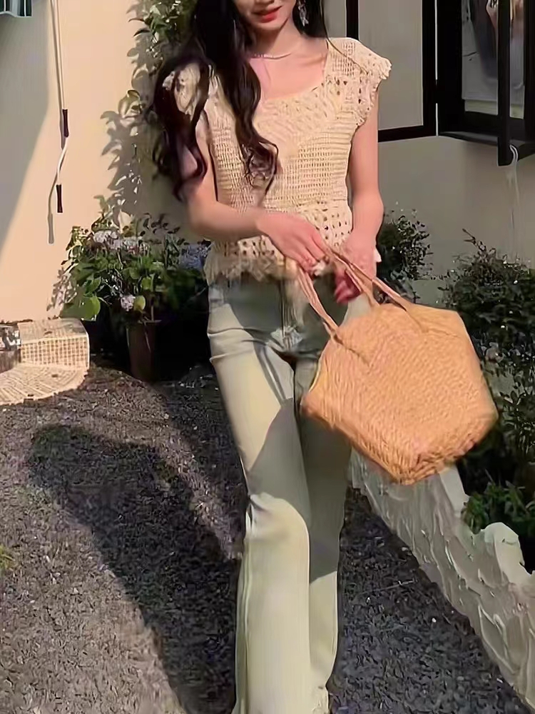 欣子野百搭密碼鏤空編織上衣女春夏季新款無袖背心