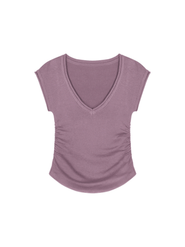 紫色v领短袖T恤女夏季弹力针织衫内搭纯欲风辣妹性感修身紧身上衣
