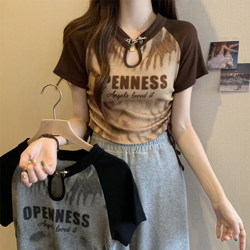 實拍大碼美式復古正肩t恤短袖女夏季不規則辣妹胖mm遮肚顯瘦上衣