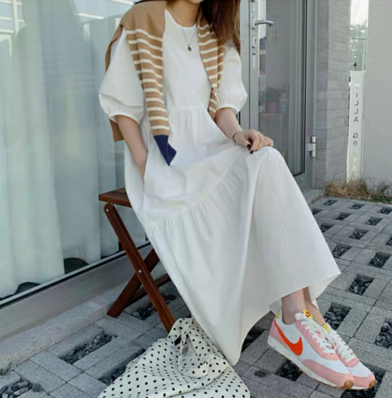 Korean Loose White Dress Women's Plus Size Elegant Lady Mid-Sleeve A-Shape Fairy Dress to Ankle-Length Summer 