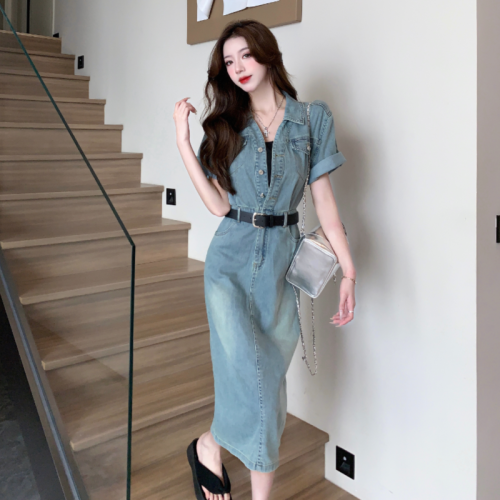 New high-end petite sweet and salty Hong Kong-style design and temperament waisted denim dress