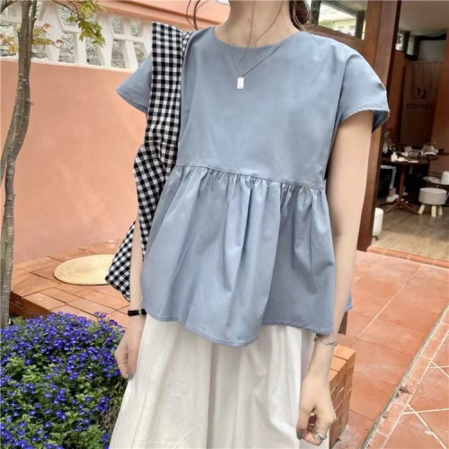 Back bow shirt women's summer short-sleeved thin yellow round neck top age-reducing summer back tie sweet and cute