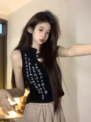 實拍~修身顯瘦無袖盤扣印花背心女夏短上衣辣妹