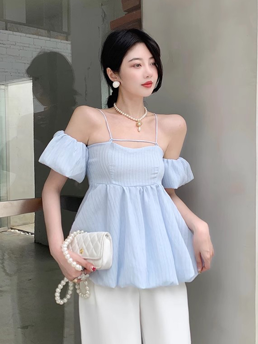 Women's One-Shoulder Off-the-Shoulder Bubble Sleeve Square Collar Chiffon Shirt Top