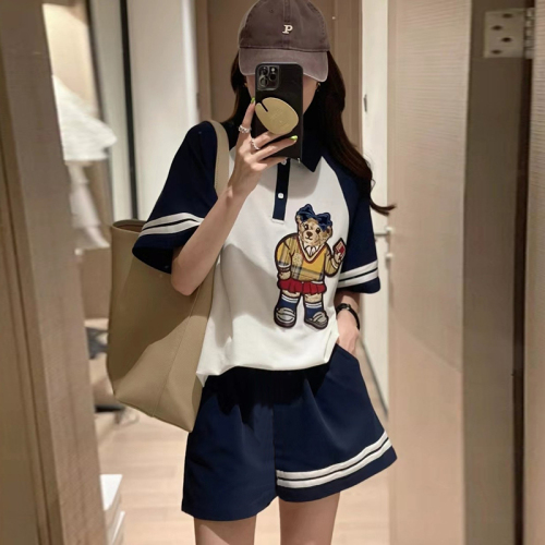 Official college style polo collar top embroidered sports casual suit women's fashion two-piece set