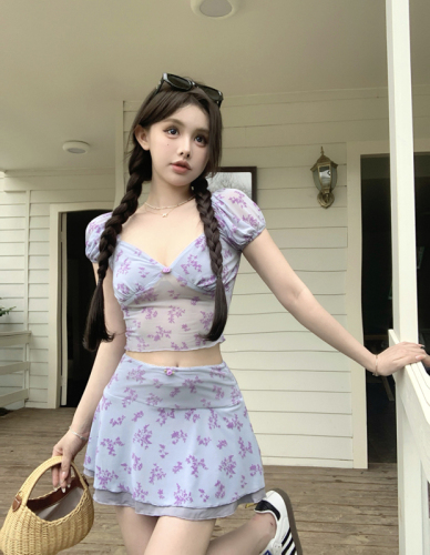 Actual shot of 2024 new summer mesh printed V-neck small flower puff short-sleeved A-line skirt suit