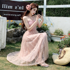 實拍粉色純欲掛脖綁帶網紗連衣裙2024夏季辣妹抹胸仙女裙子