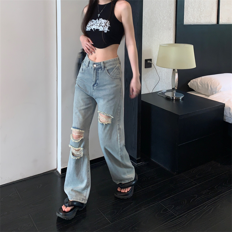 Real shot of ripped jeans for women summer 2024 new style loose high-waisted light-colored floor-length straight wide-leg pants