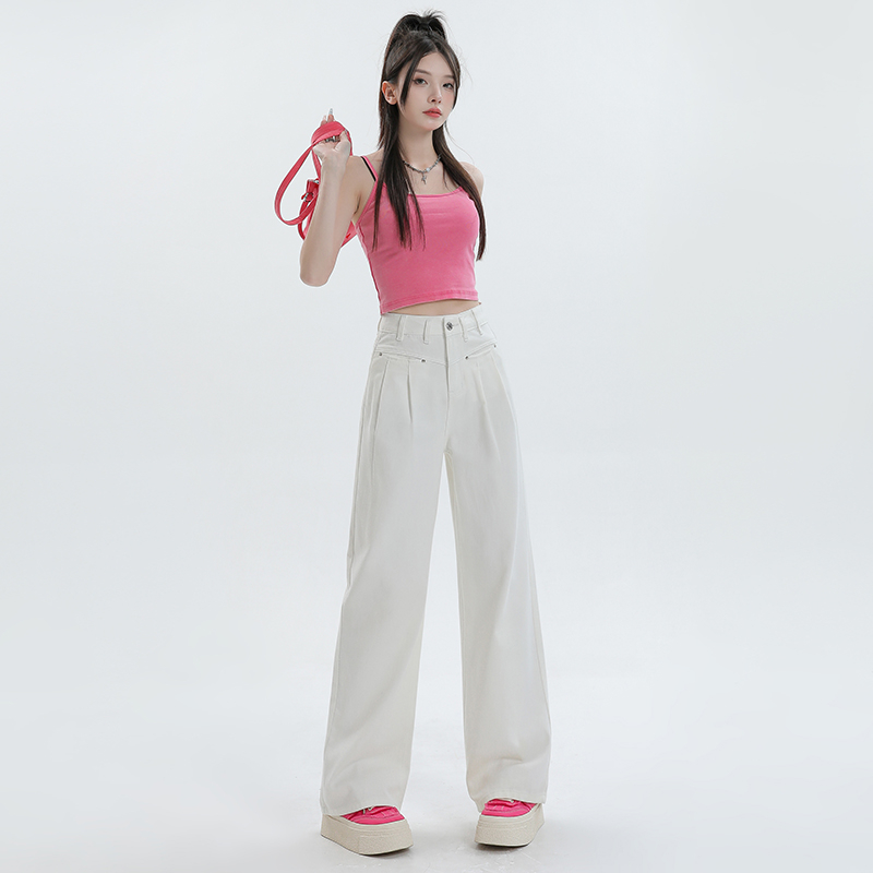 實拍 米白色美式闊腿牛仔褲女寬鬆垂感2024春季高腰高街拖地褲