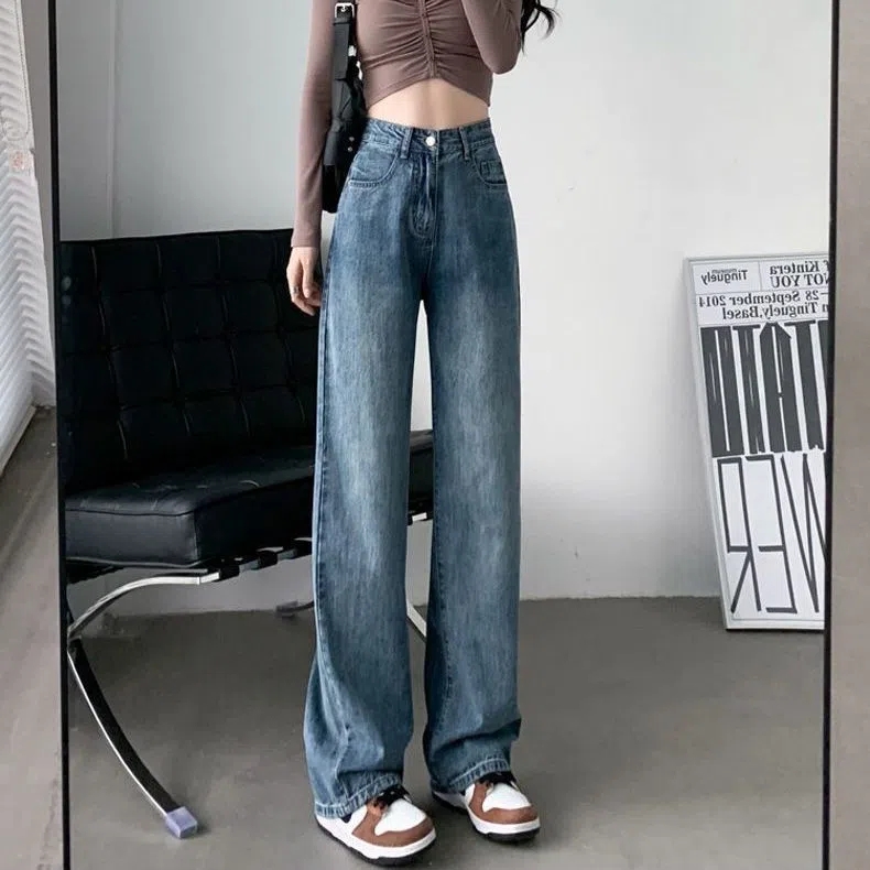Summer Korean-style relaxed wide-leg jeans for women, high-waisted wide-leg pants, make tall and slim, floor-length pants