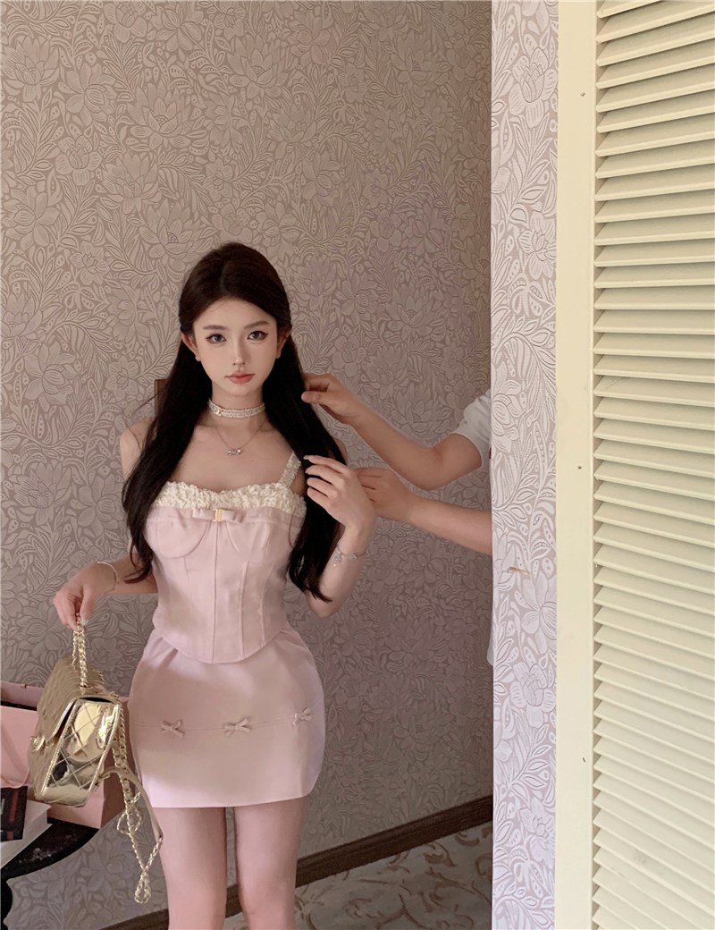 實拍~精緻少女小香套裝小個子蕾絲顯瘦魚骨吊帶