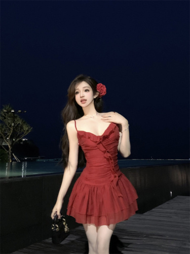 实拍 美式复古辣妹修身收腰显瘦红色连衣裙