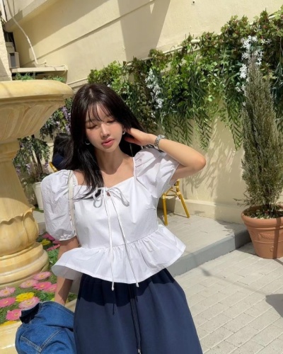 韩国chic夏季新款复古百搭显瘦设计感系带泡泡袖上衣衬衫女衬衣