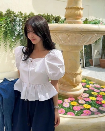 韩国chic夏季新款复古百搭显瘦设计感系带泡泡袖上衣衬衫女衬衣
