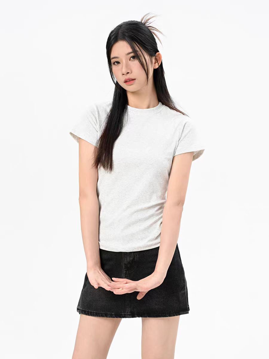 American Hot Girl Gray Right Shoulder Short Sleeve T-Shirt Slim Fit Pure Cotton Solid Color Women's Spring and Summer 2024 New Short Top