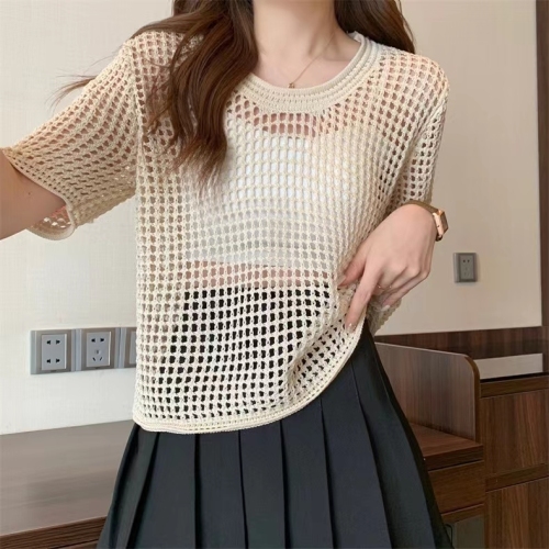 2023 summer new design hollow knit short-sleeved top women