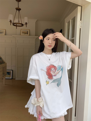 Real shot of cartoon mermaid white short-sleeved T-shirt for women loose Korean style early spring wear round neck casual top