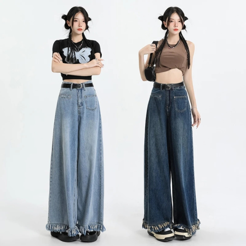 Summer retro high-waisted wide-leg culottes jeans women's loose straight flared floor-length culottes spring and autumn spring and autumn trousers