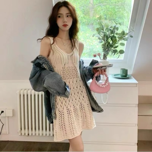 Early autumn knitted sweater suspender dress new layered hollow design temperament mid-length mid-skirt for women
