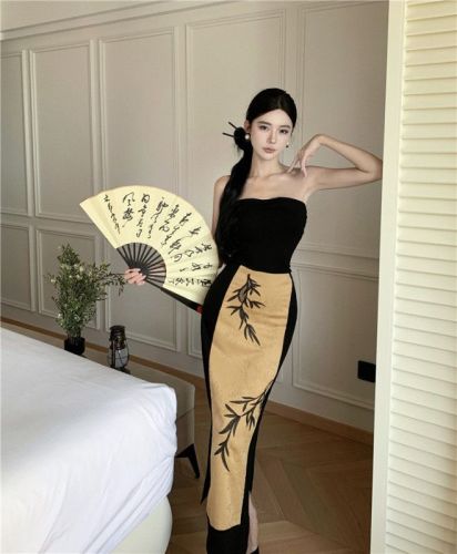 Retro Chinese style tube top waist contrast dress mid-length