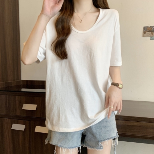Women's New Gray Loose Fit U-Neck Short-Sleeve T-Shirt, Korean Style Simple Plain Half-Shirt, Instagram Inspired Basic Top