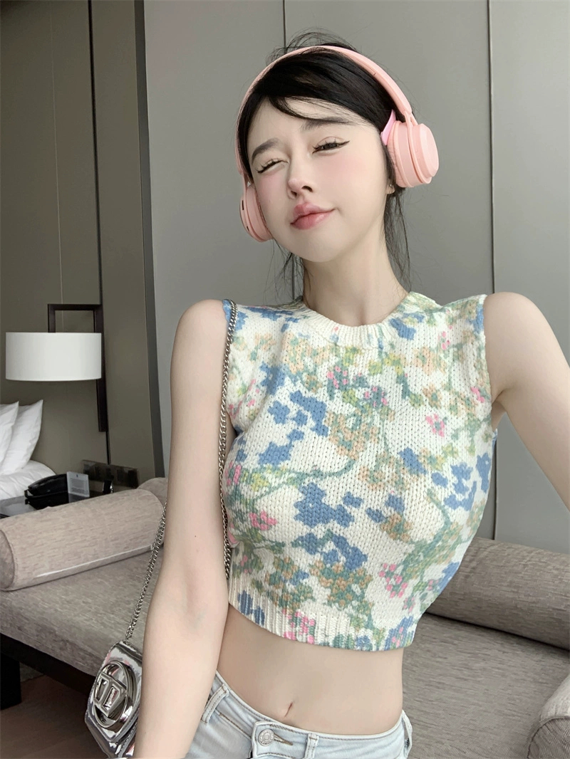 夏季小心機縷空系帶露背碎花無袖上衣女辣妹短款露臍打底背心外穿