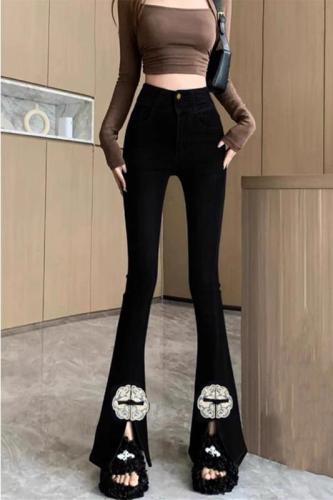 No back tape, new Chinese style buckle slit, small-leg pants for women, summer high-waisted, national style tight-fitting bootcut pants