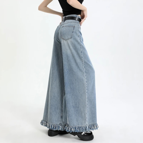 Summer retro high-waisted wide-leg culottes jeans women's loose straight flared floor-length culottes spring and autumn spring and autumn trousers