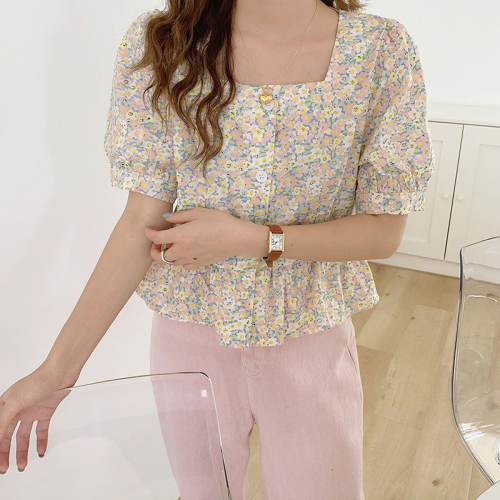 Floral short top for women summer new French design niche floral short-sleeved shirt