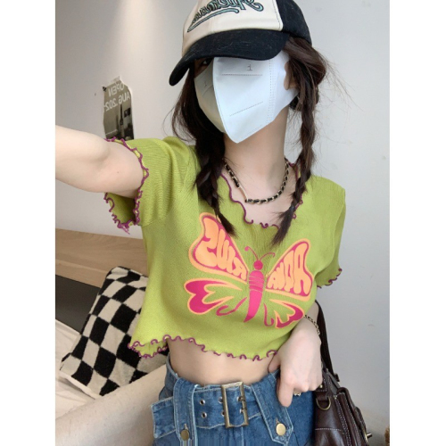 Official picture 6535 stretch cotton hot girl niche short-sleeved T-shirt women 2024 summer slim fit fungus short top