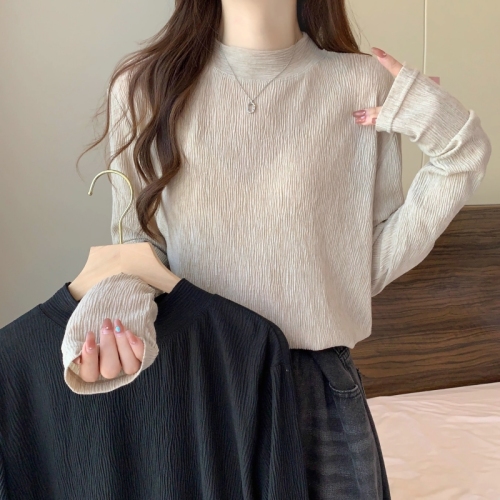 大码女装韩版长袖T恤春新款半高领内搭显瘦打底上衣