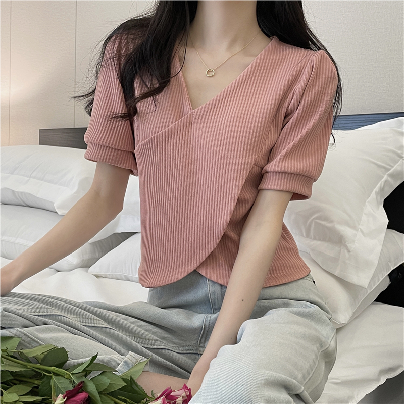 Real shot Summer new design short-sleeved v-neck T-shirt top