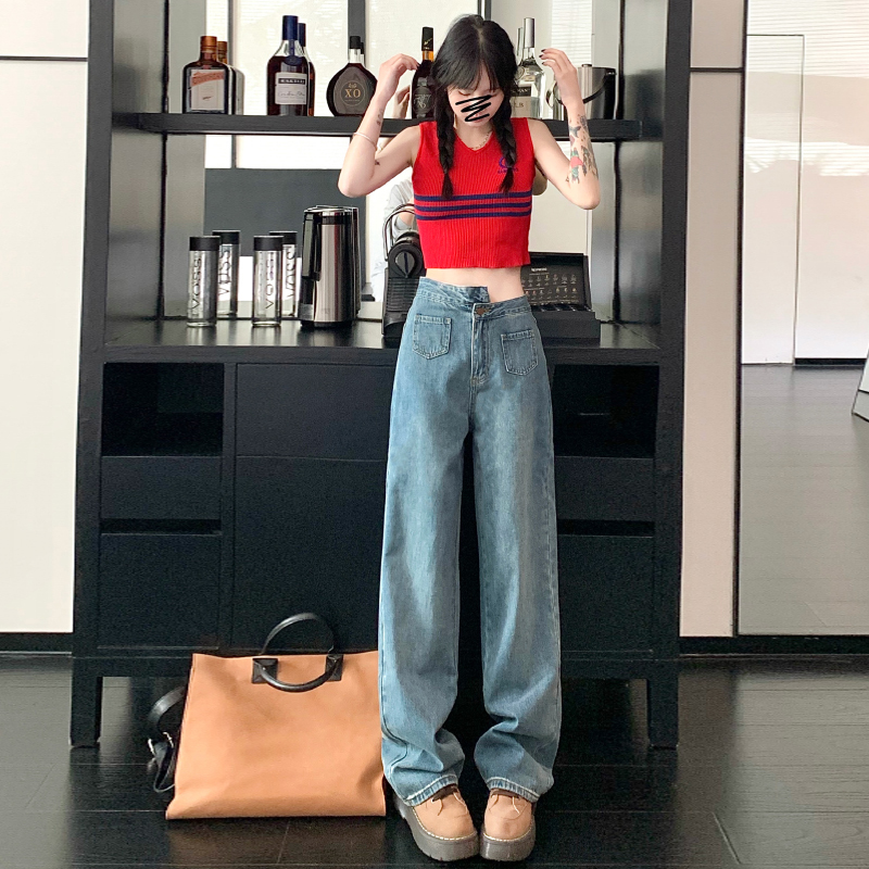 Actual shot ~ 2023NEW pocket chic design spring and summer straight retro blue wide leg irregular jeans for women