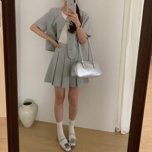 Xiao Xiangfeng Suit 2024 Summer Korean Style Small Round Neck Suit Jacket High Waist Slim Pleated Skirt Two-piece Set
