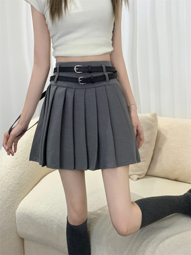 Actual shot of Korean style high-waisted pleated skirt with double belt and A-line skirt
