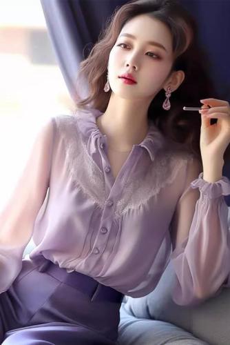 新中式荷叶边女长袖春夏款洋气时尚衬衫蕾丝拼接上衣