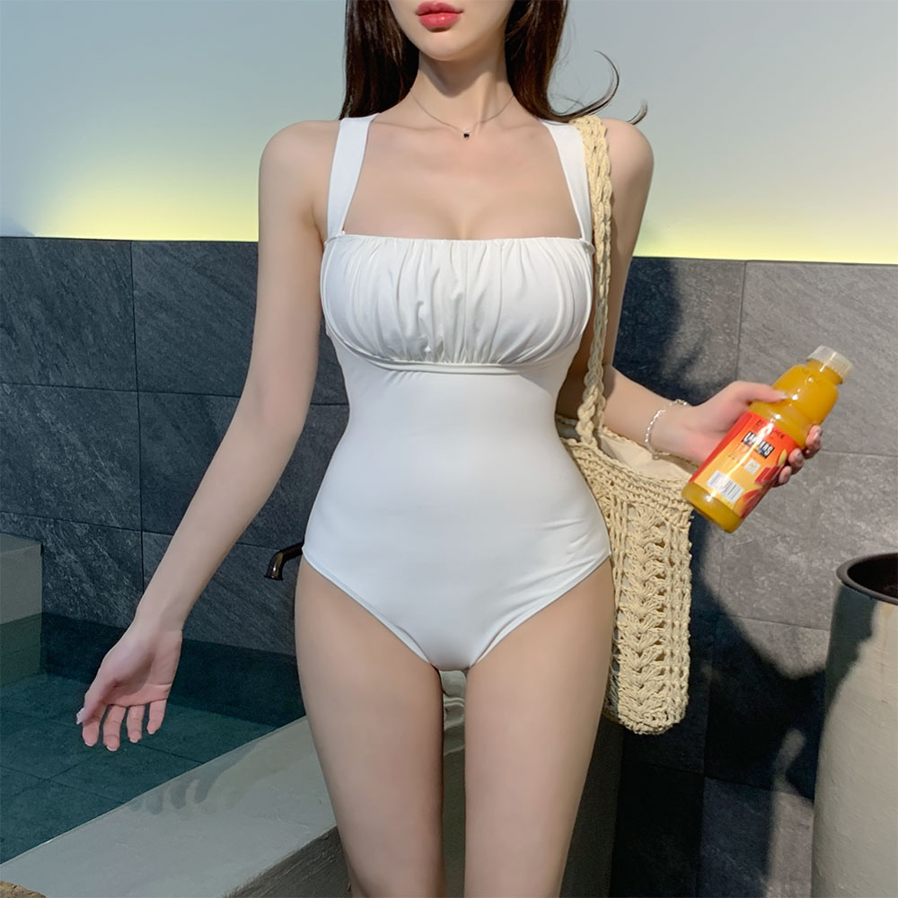 泳衣女2024新款泡溫泉保守仙顯瘦遮肚子白色連體純欲風高級感