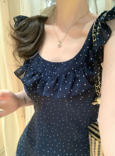 Actual shot of 2024 early spring new ruffled short-sleeved dress, feminine backless polka-dot mid-length skirt