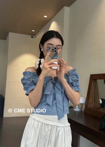 Thirteen Lines 2024 Summer New Style One-line Collar Puff Sleeve Shirt Women’s Bow Slim Fit Short Top