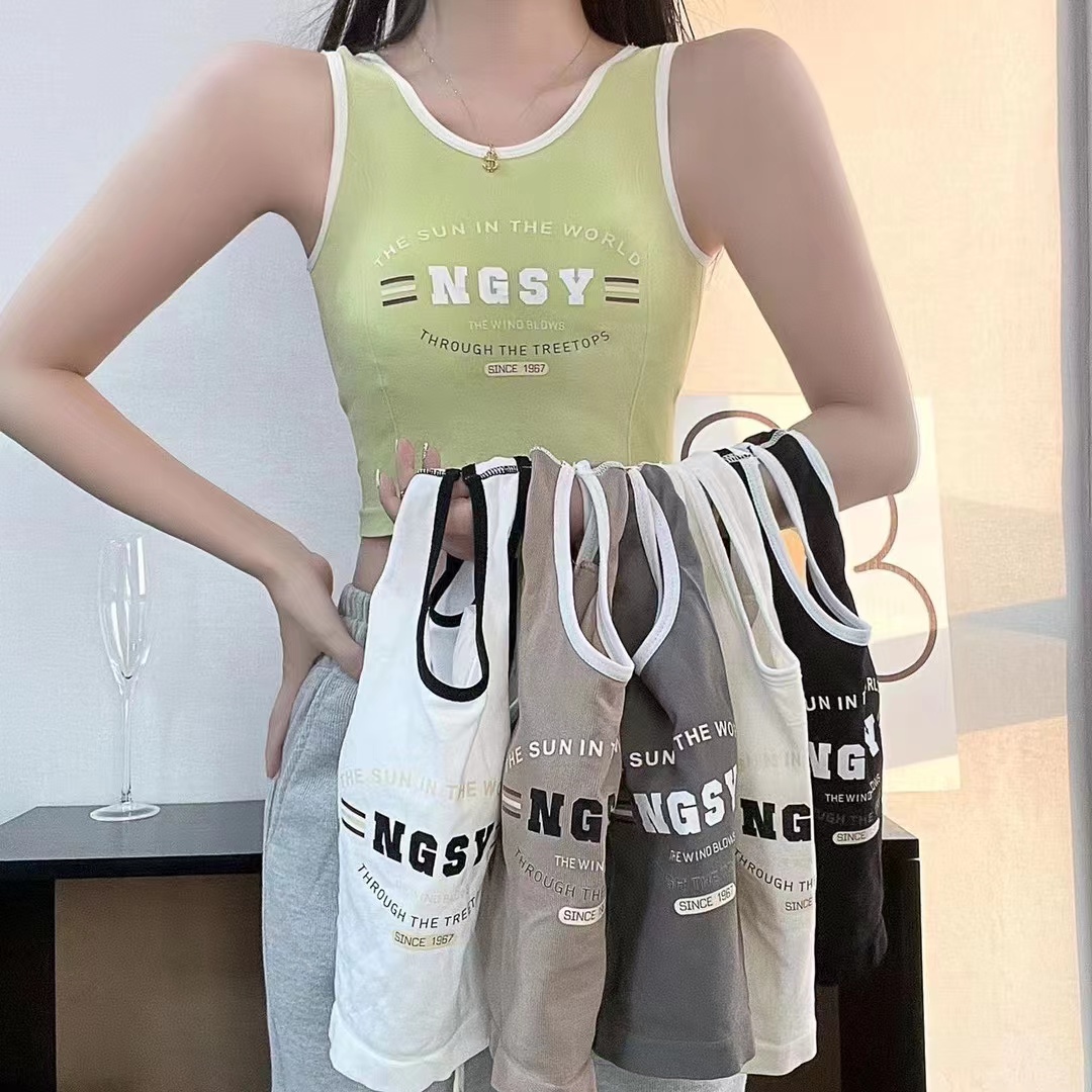 夏季韓版甜辣純欲字母印花百搭背心女帶胸墊修身打底外穿上衣