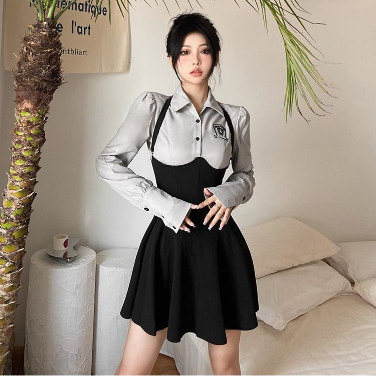 超火甜美少女學院風純欲減齡女春秋顯瘦翻領長袖上衣收腰吊帶裙