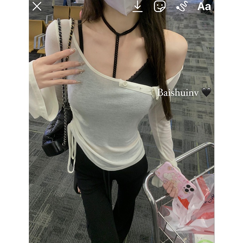 白水女溫柔姐姐~露肩T恤掛脖吊帶女不規則針織收腰設計感上衣