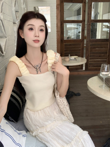 Real shot of Pure Desire Pleated Shoulder Straps Spliced ​​Knitted Vest Women's Summer Sweet and Spicy Style Outerwear Sleeveless Camisole Top